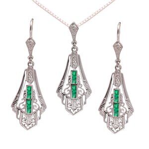 Sterling Silver and real Gems Natural Green Emerald Art Deco Jewelry Set